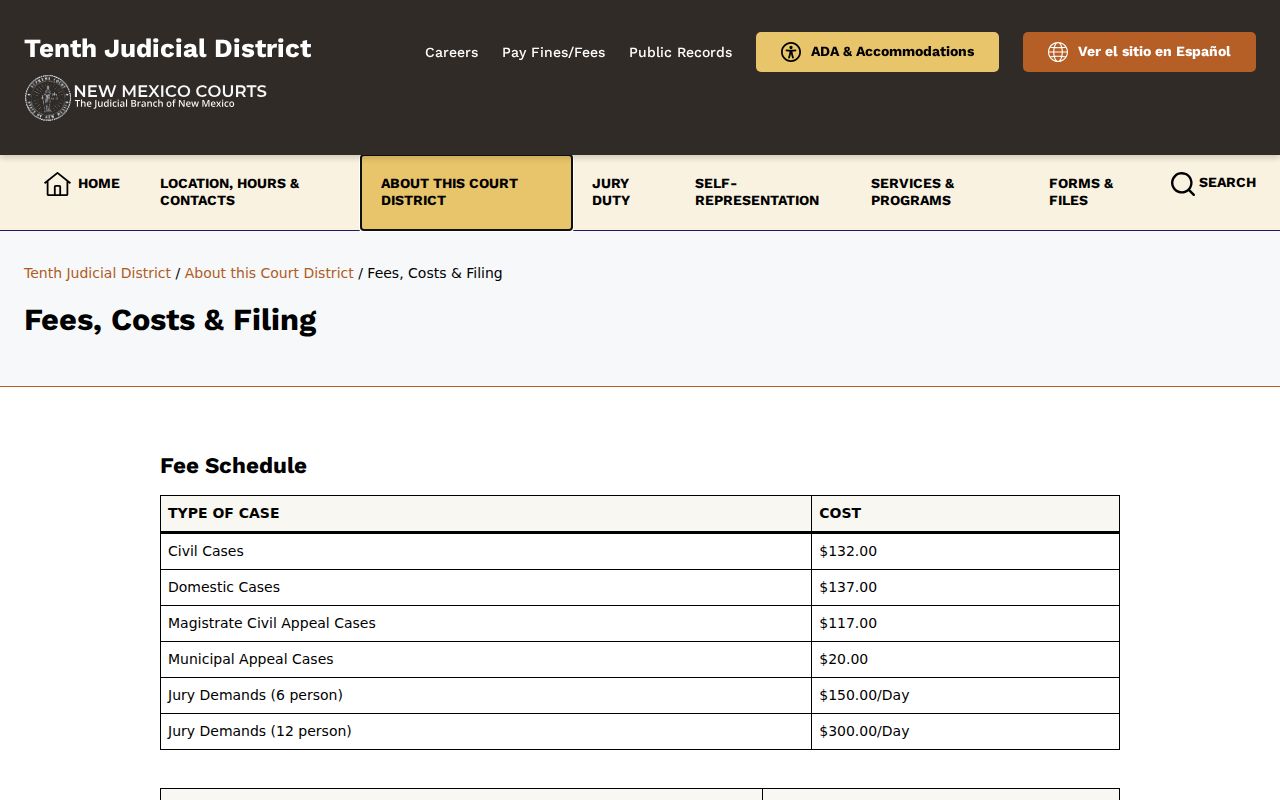 Harding County court records Tenth District fee table