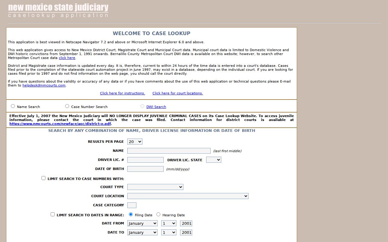 Harding County criminal docket Case Lookup form